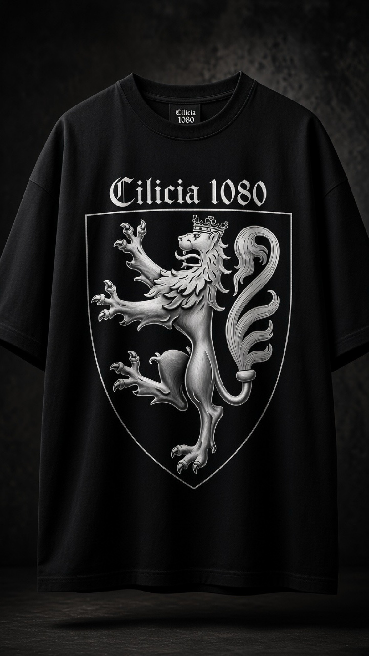 Crowned Lion Tee — black, silver crest