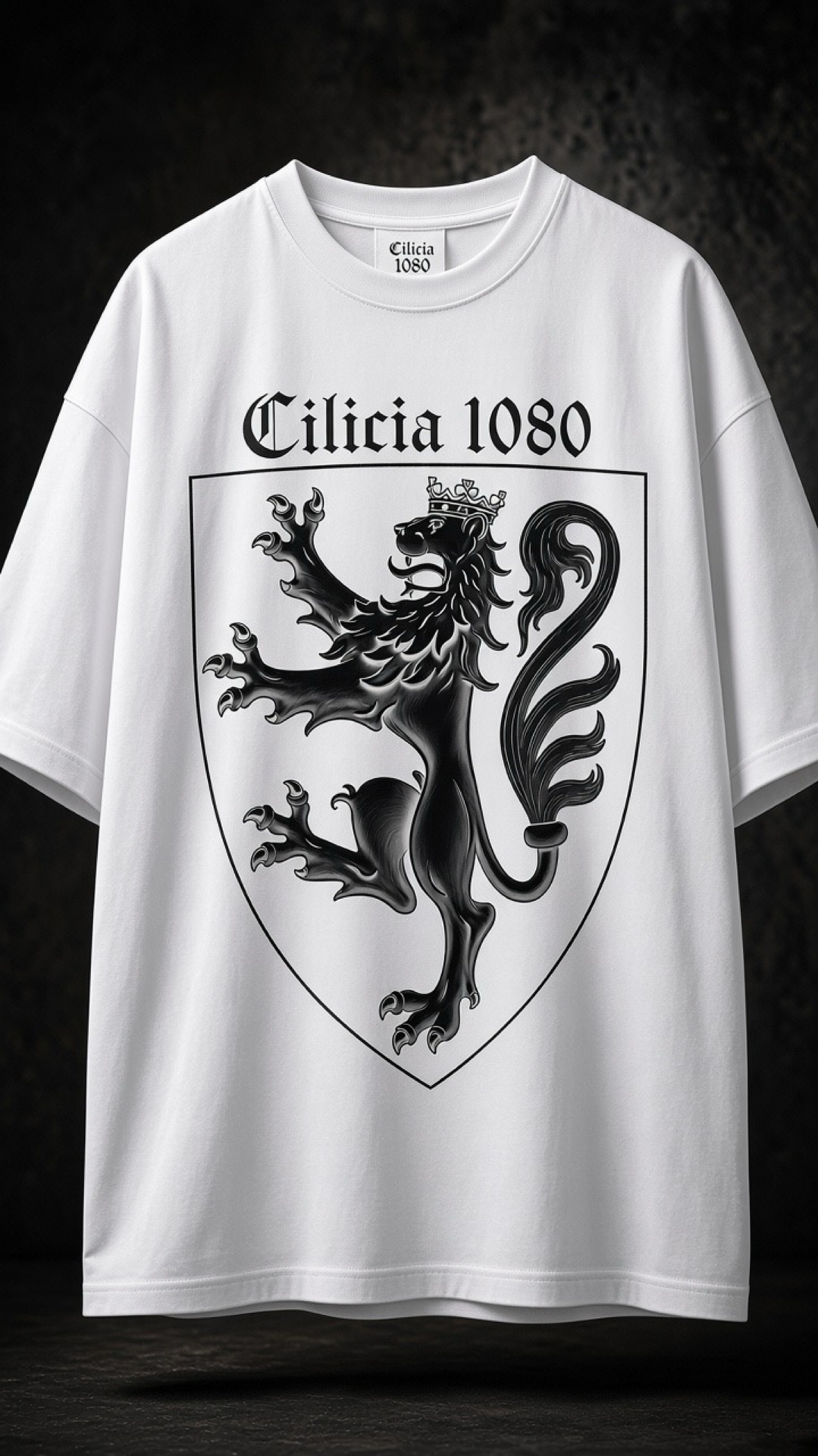 Crowned Lion Tee — white oversized, shield print